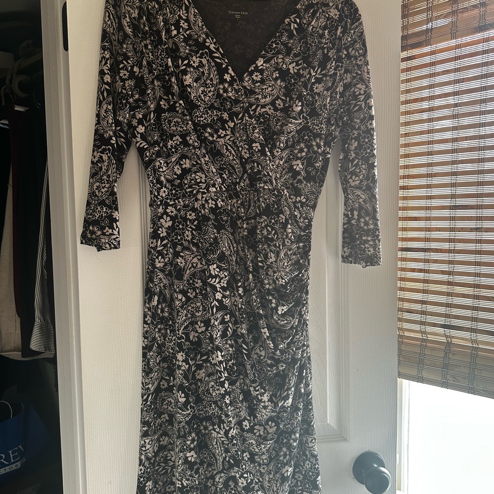 Garnet Hill Faux Wrap Black and White Patterned 3/4 length Sleeve Dress